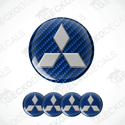 Mitsubishi logo with blue carbon fiber texture on a white background
