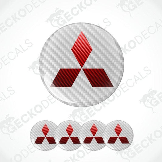 Carbon fiber patterned Mitsubishi logo decal on a white background