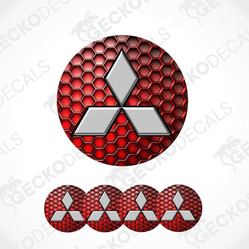 Silver metallic Mitsubishi logo on a circle with a red and black honeycomb motif