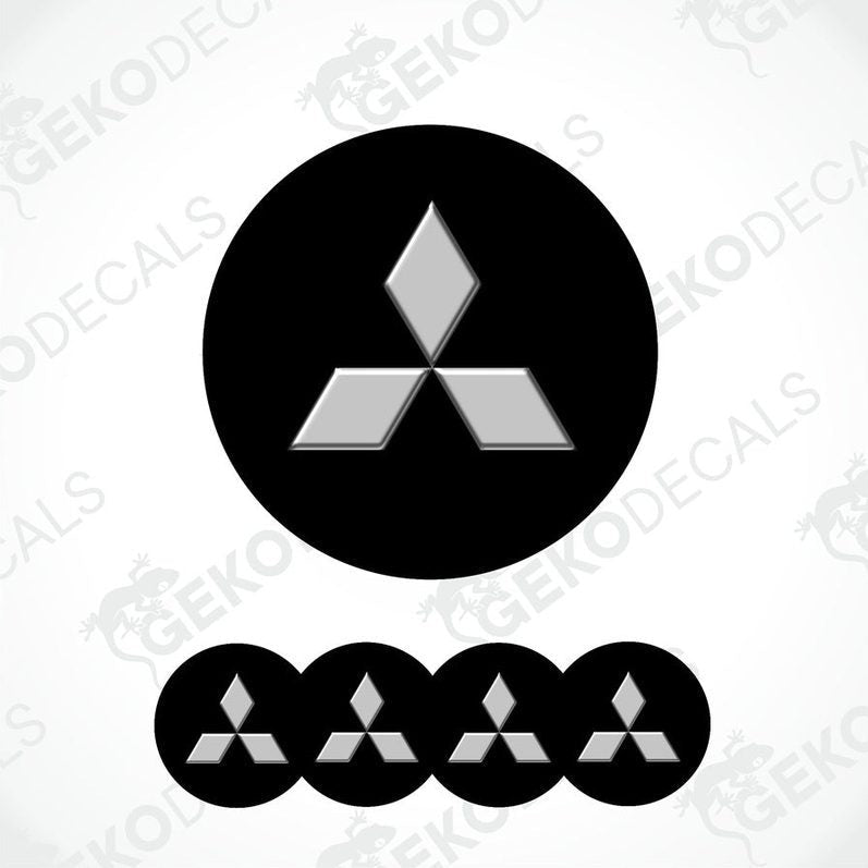A set of black Mitsubishi car decals, with one large decal featuring the Mitsubishi logo and four smaller ones without the logo.
