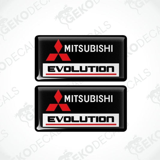Two black vinyl stickers with red and white Mitsubishi Evolution branding.
