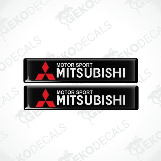 Two black vinyl decals with the red 'MOTOR SPORT MITSUBISHI' text and logo.