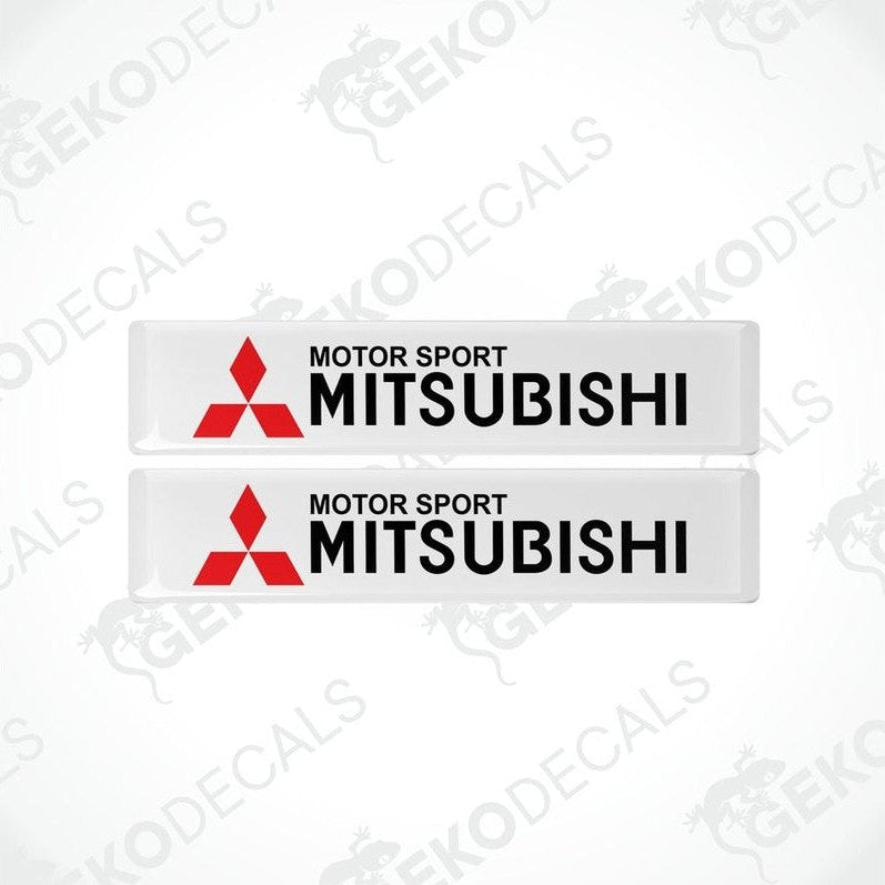 Two white vinyl decals with the red 'MOTOR SPORT MITSUBISHI' text and logo.