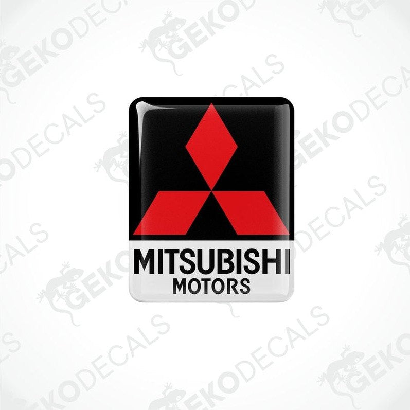  Square-shaped decals with the Mitsubishi Motors logo in red and white on a black background.