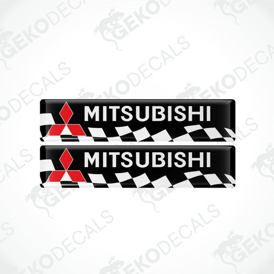 Two vinyl decals with polyurethane coating featuring the Mitsubishi logo in black, red, and white colors.
