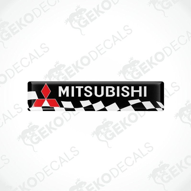 Vinyl decals with polyurethane coating featuring the Mitsubishi logo in black, red, and white colors.