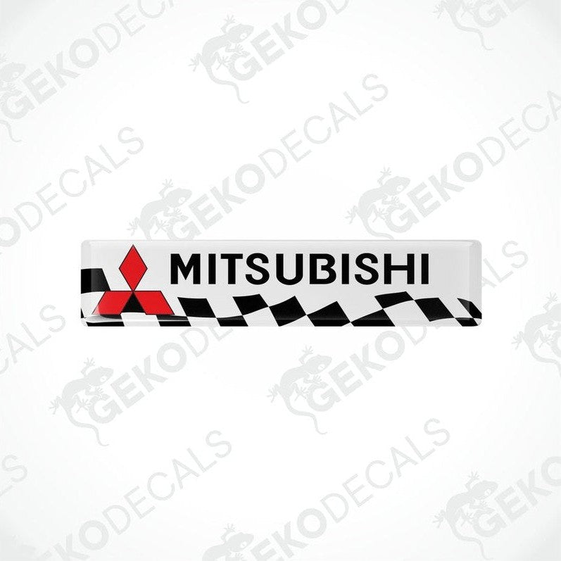 Vinyl decals with polyurethane coating featuring the Mitsubishi logo in white, red, and black colors.