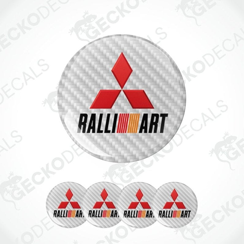 Mitsubishi Ralliart logo decal on a white background with carbon fiber texture