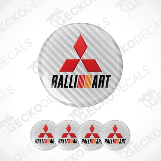 Mitsubishi Ralliart logo decal on a white background with carbon fiber texture