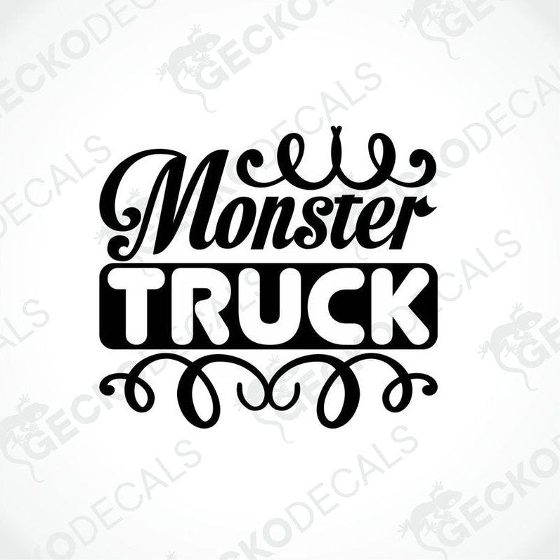 A die cut decal with the phrase 'Monster Truck' in bold, decorative lettering.