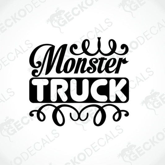 A die cut decal with the phrase 'Monster Truck' in bold, decorative lettering.