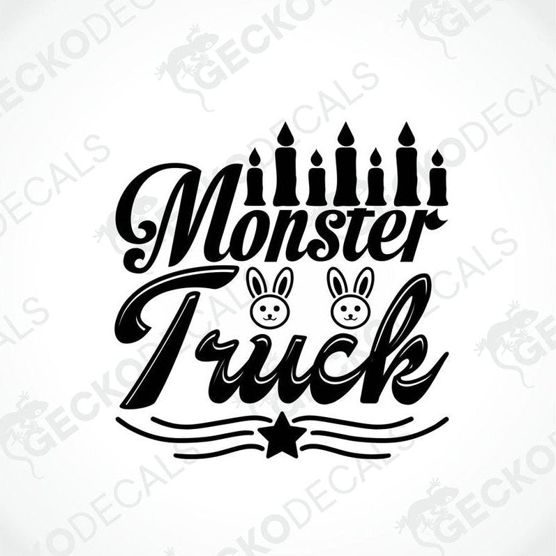 A die cut decal with the text 'Monster Truck' accompanied by cartoon truck and rabbit faces, designed for use on vehicles or other surfaces.