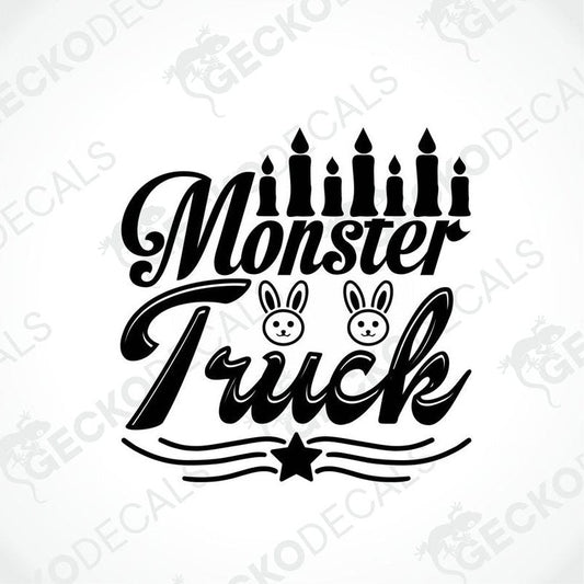 A die cut decal with the text 'Monster Truck' accompanied by cartoon truck and rabbit faces, designed for use on vehicles or other surfaces.