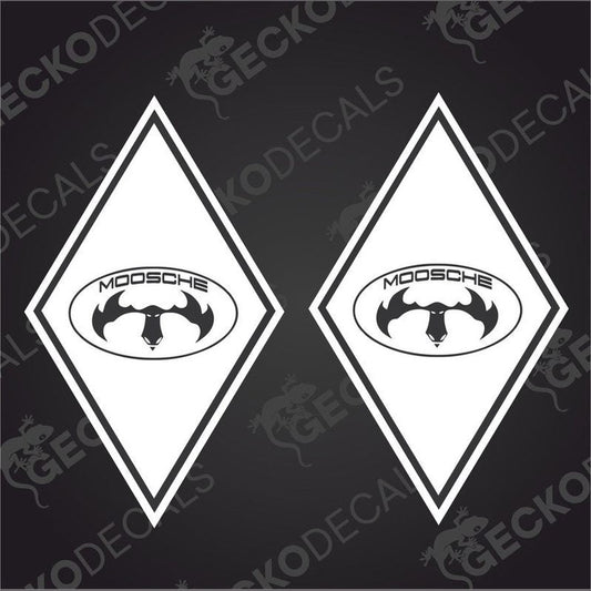 Two white diamond-shaped decals with the MOOSCHE brand logo in the center, delivered on a black background with the Gecko Decals logo.