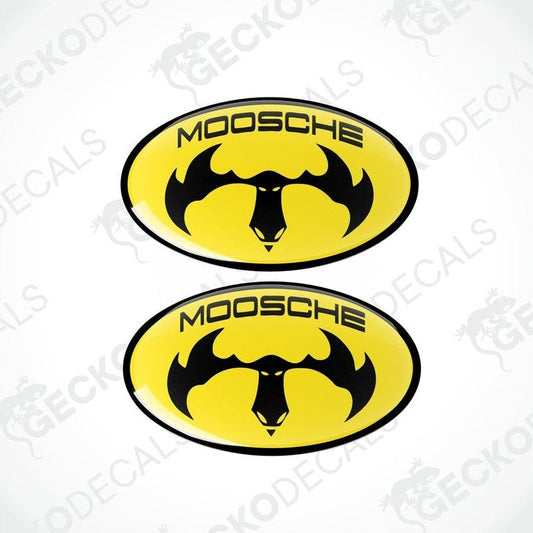 Two yellow oval car decals with the text 'MOOSCHE' and a moose silhouette in black.