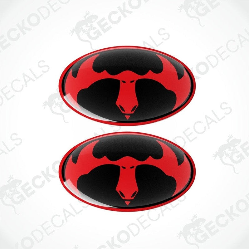 Two red and black moose-shaped vinyl decals with a polyurethane coating.