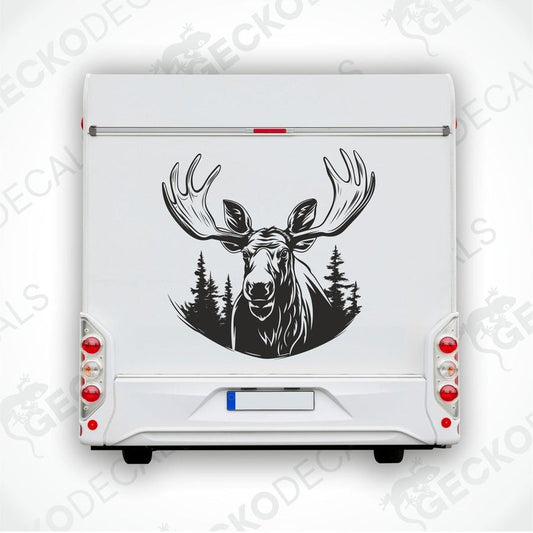A die cut decal of a moose with a forest background, intended for use on vehicles or other surfaces, delivered on transfer paper.