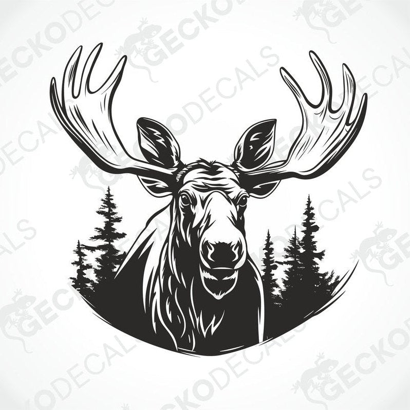 A die cut decal of a moose with a forest background, intended for use on vehicles or other surfaces, delivered on transfer paper.