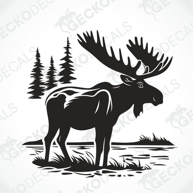 A die cut decal of a moose in a nature setting, delivered on transfer paper, shown applied on the back of a white vehicle.