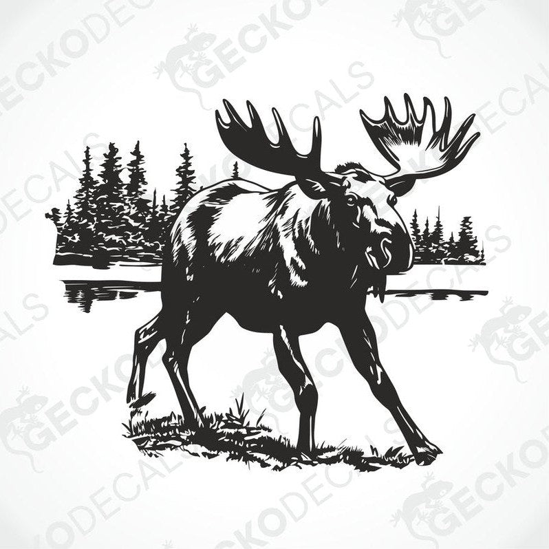 A decal of a moose on the side of a white vehicle, with a forest and lake in the background.