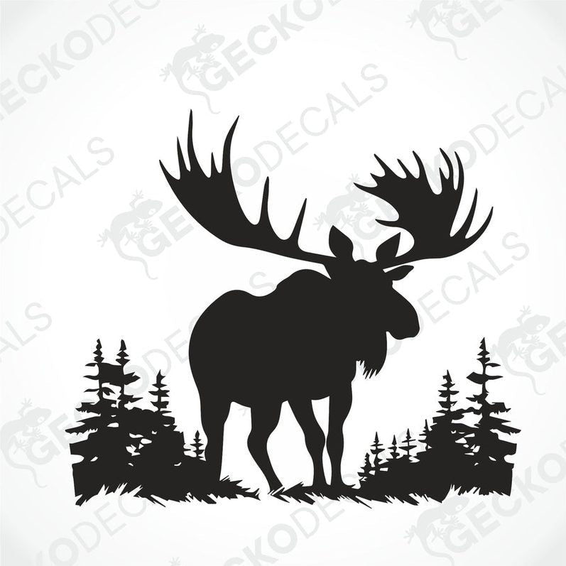 A die cut decal of a moose in a nature setting, with trees in the background, displayed on a white surface.