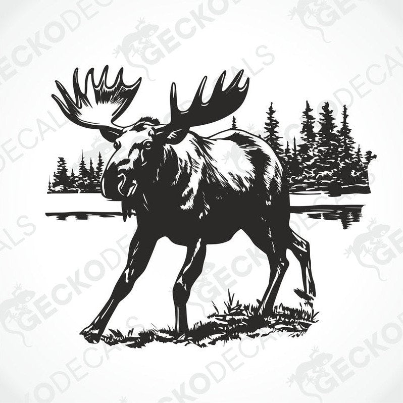 A decal of a moose on the side of a white vehicle, with a forest and lake in the background.