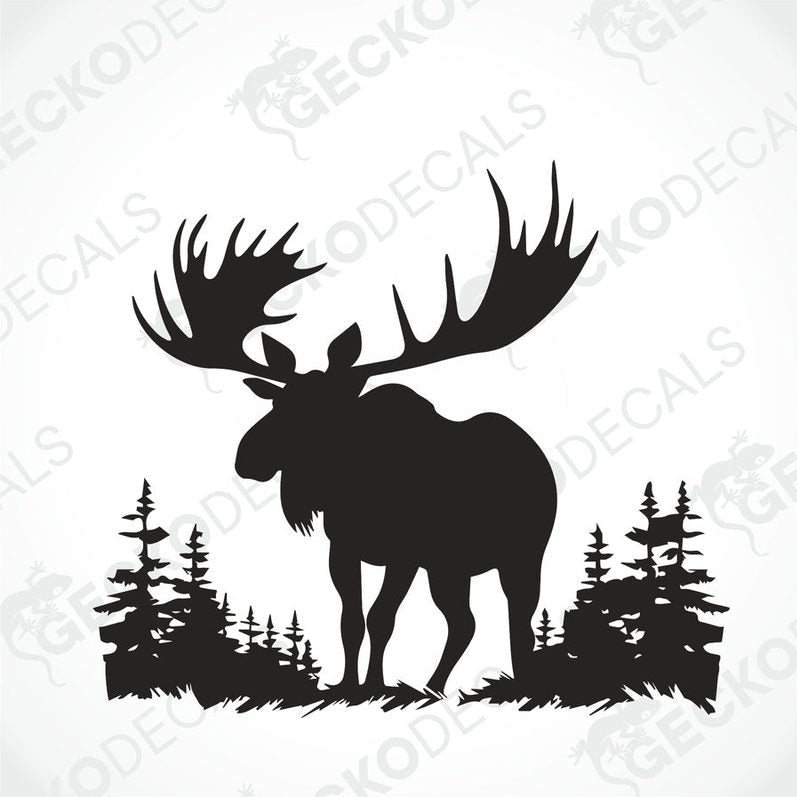 A die cut decal of a moose in a nature setting, with trees in the background, displayed on a white surface.