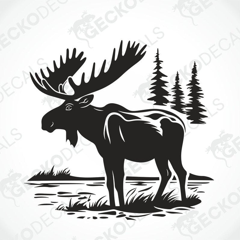 A die cut decal of a moose in a nature setting, delivered on transfer paper, shown applied on the back of a white vehicle.