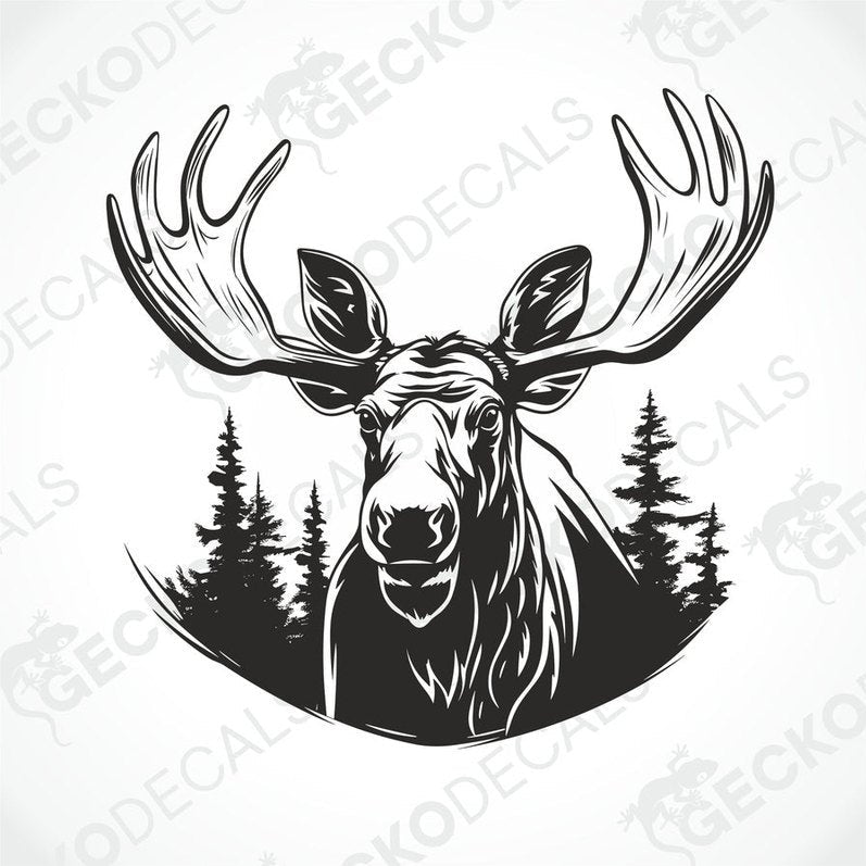 A die cut decal of a moose with a forest background, intended for use on vehicles or other surfaces, delivered on transfer paper.