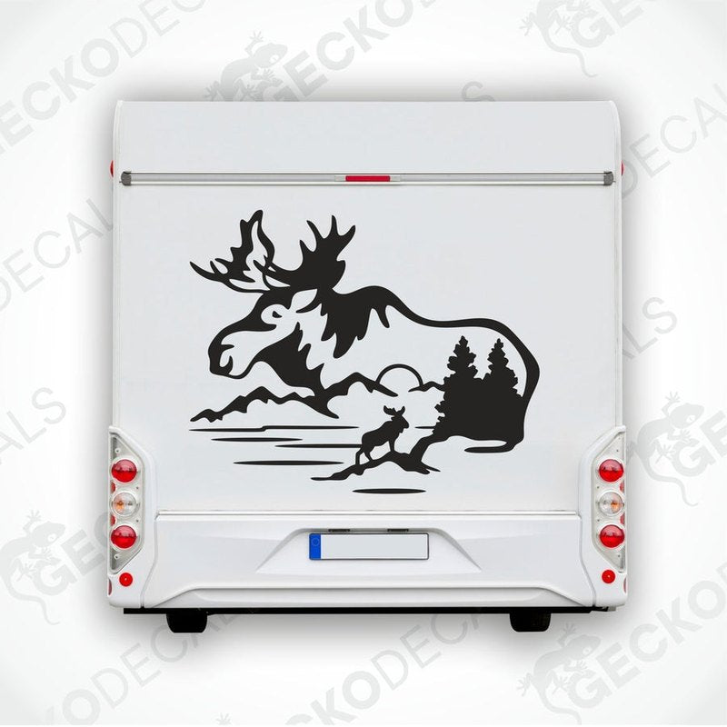 A black silhouette decal of a moose with mountains in the background, intended for use on vehicles or equipment.