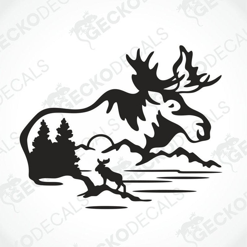 A black silhouette decal of a moose with mountains in the background, intended for use on vehicles or equipment.