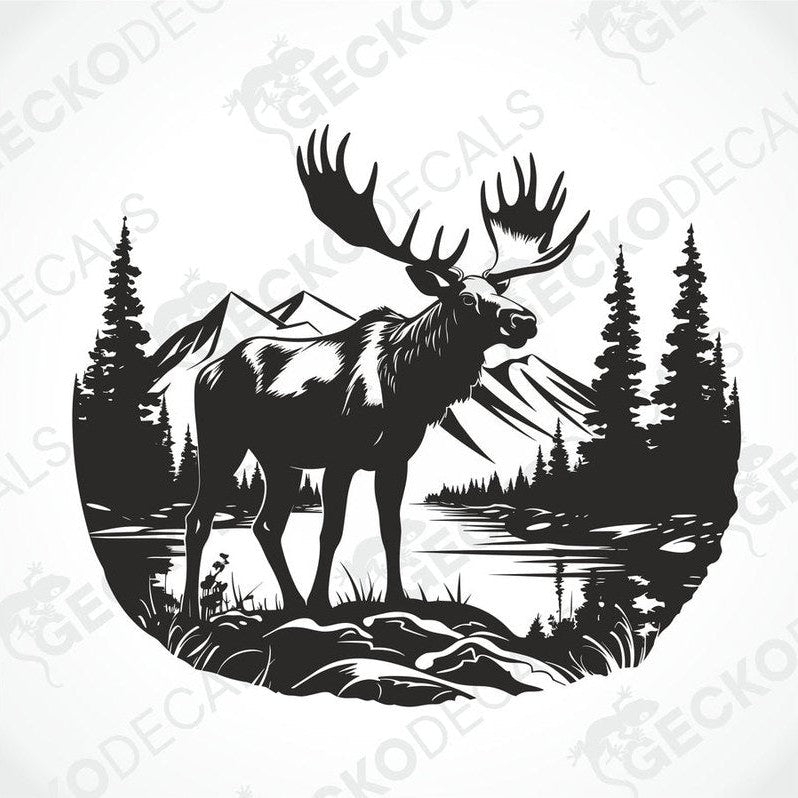 A decal of a moose in a forest and mountain setting, intended for use on a vehicle.