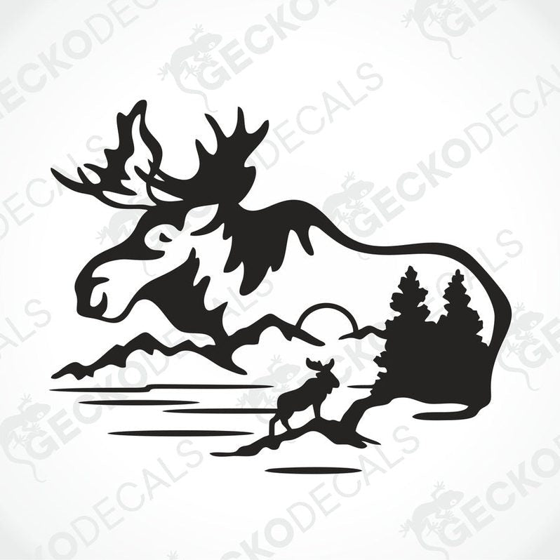 A black silhouette decal of a moose with mountains in the background, intended for use on vehicles or equipment.