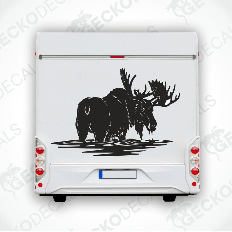 A die cut decal of a moose in water, applied on the rear of a white vehicle, presented on a clear background.