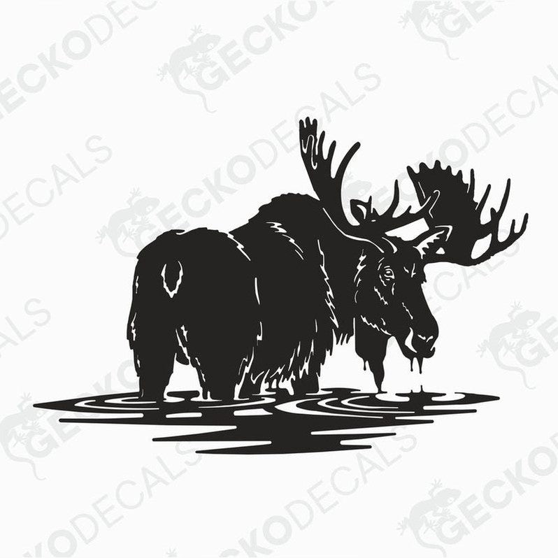 A die cut decal of a moose in water, applied on the rear of a white vehicle, presented on a clear background.