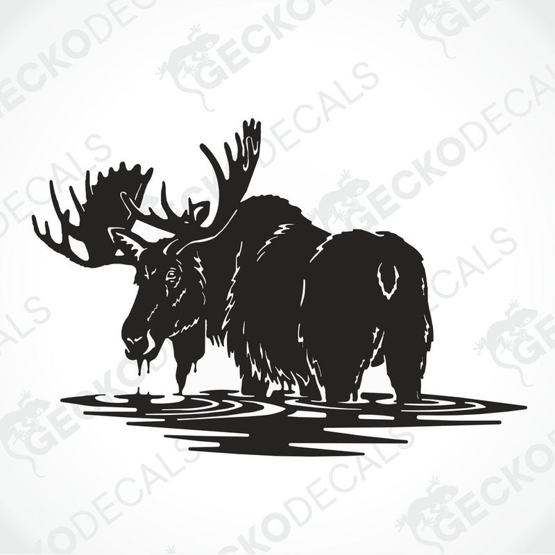 A die cut decal of a moose in water, applied on the rear of a white vehicle, presented on a clear background.