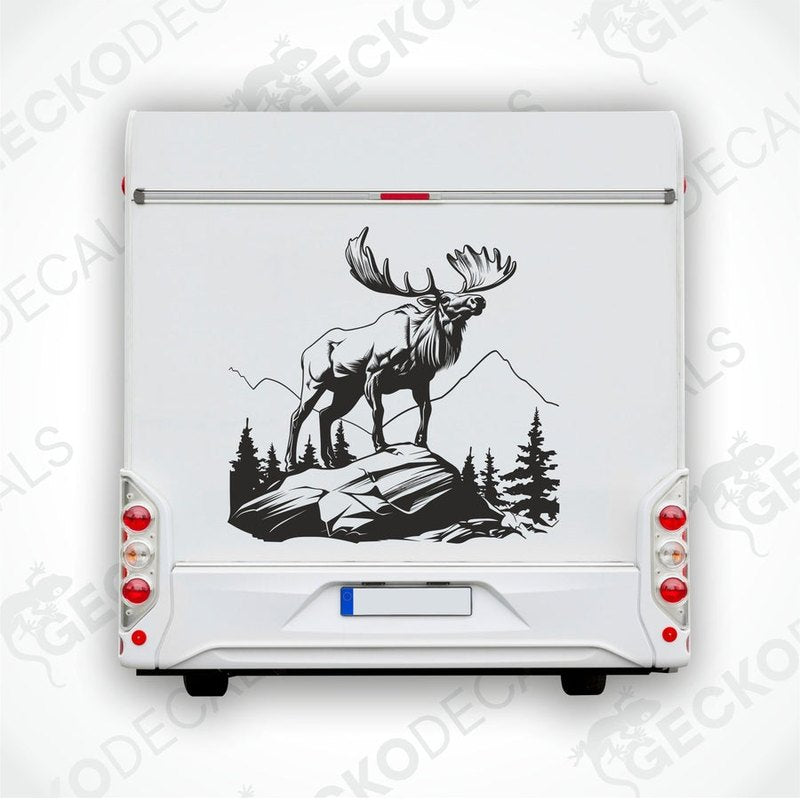 A decal of a moose in a mountainous landscape, intended for use on a vehicle.