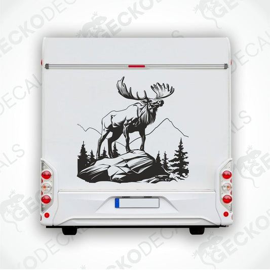A decal of a moose in a mountainous landscape, intended for use on a vehicle.