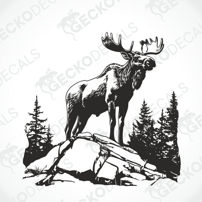 A decal of a moose in a forest and mountain setting, intended for use on a vehicle.