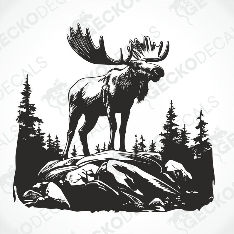 A decal of a moose in a forest and mountain setting, intended for use on a car or other vehicle.