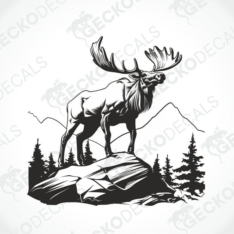 A decal of a moose in a mountainous landscape, intended for use on a vehicle.