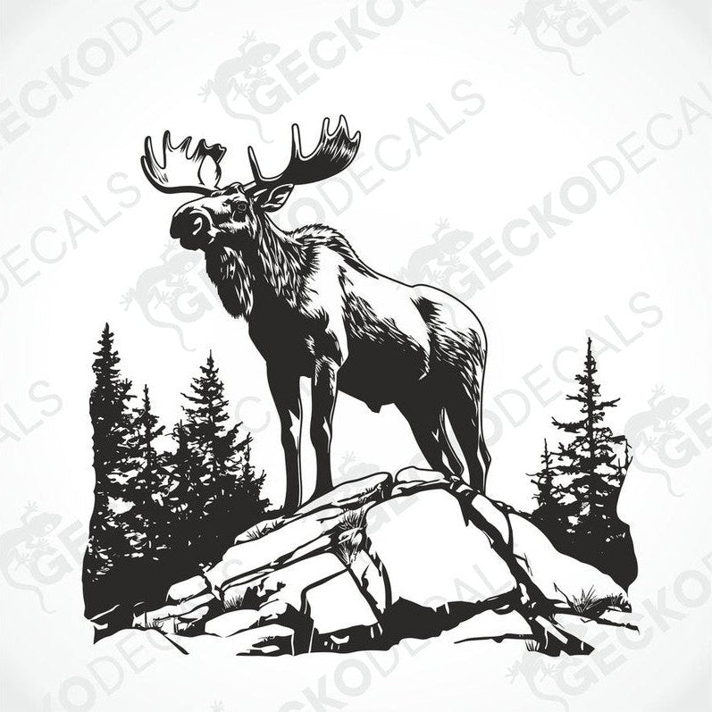 A decal of a moose in a forest and mountain setting, intended for use on a vehicle.