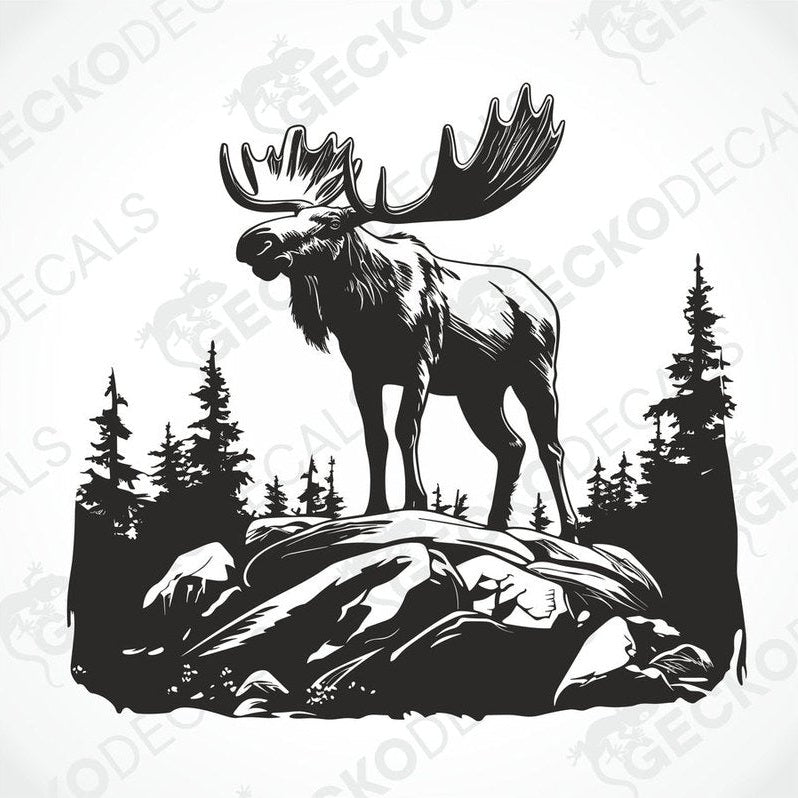 A decal of a moose in a forest and mountain setting, intended for use on a car or other vehicle.