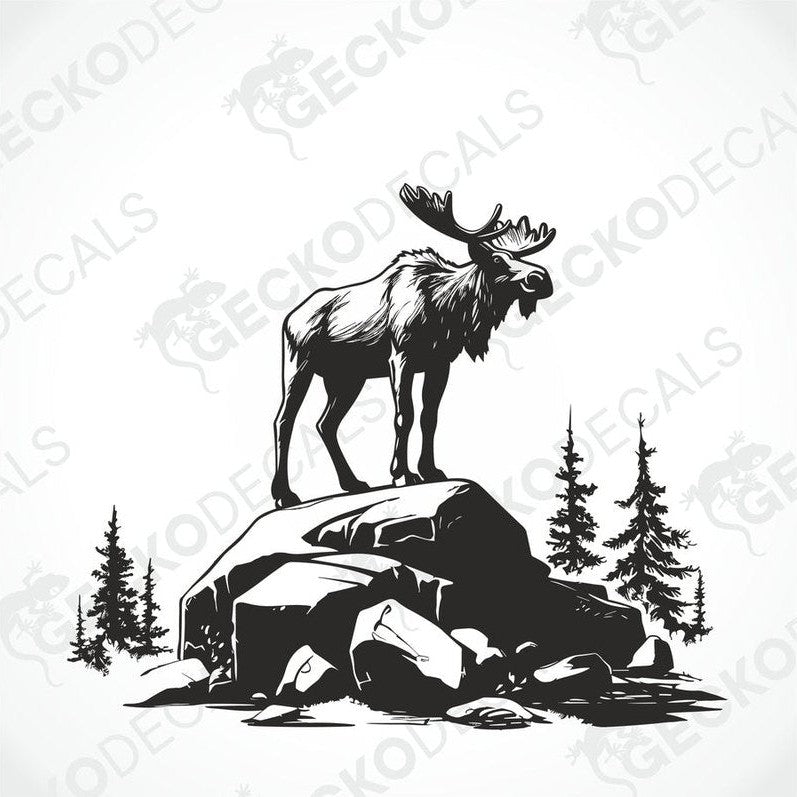 A decal of a moose standing on a rock with a forest and mountains background.