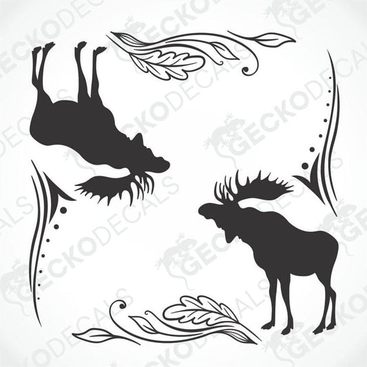 A set of two black and white decals of moose on a white background, with decorative elements around each moose.