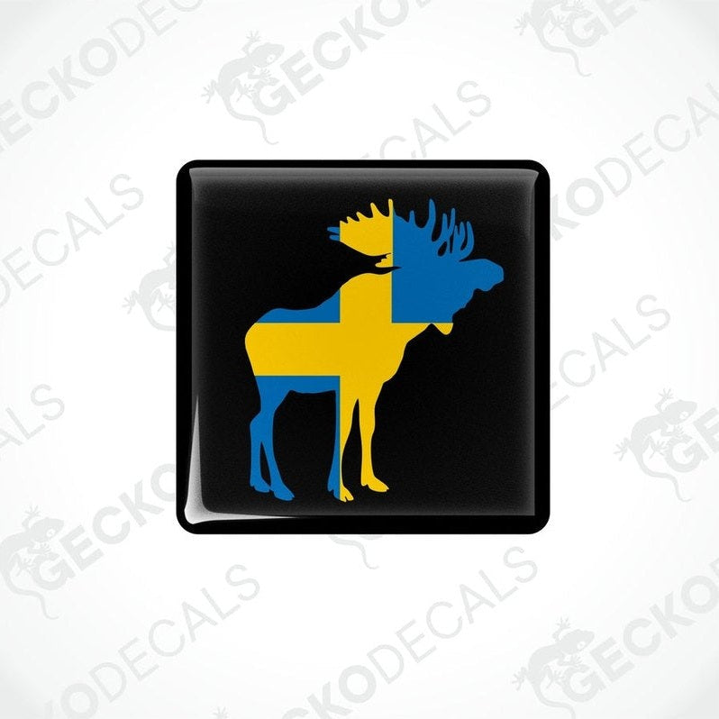  Square car decals featuring a moose silhouette in blue and yellow on a black background.