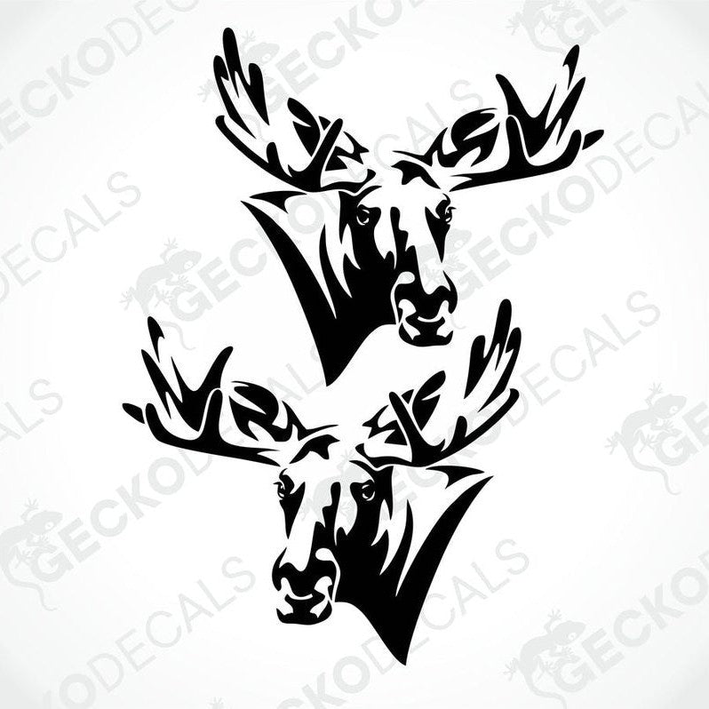Two black and white moose head decals, one facing left and one facing right, designed for use on vehicles.