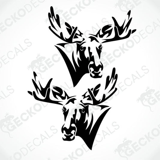 Two black and white moose head decals, one facing left and one facing right, designed for use on vehicles.