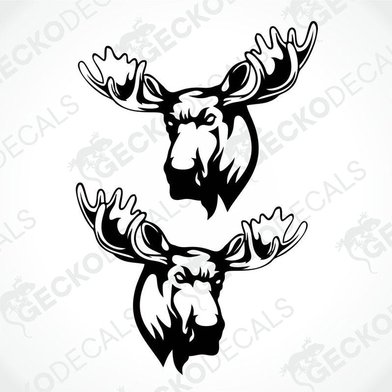 Two black and white moose head decals on a white background, designed for use as vehicle decals.