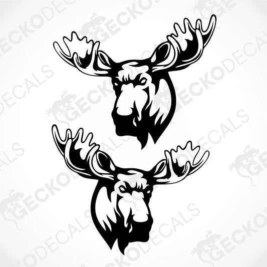 Two black and white moose head decals on a white background, designed for use as vehicle decals.